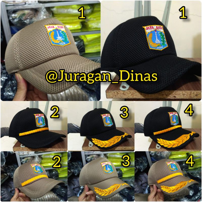 Topi PNS DKI Jakarta JAYARAYA Hitam Khaki bahan jaring dobel mess bordir computer