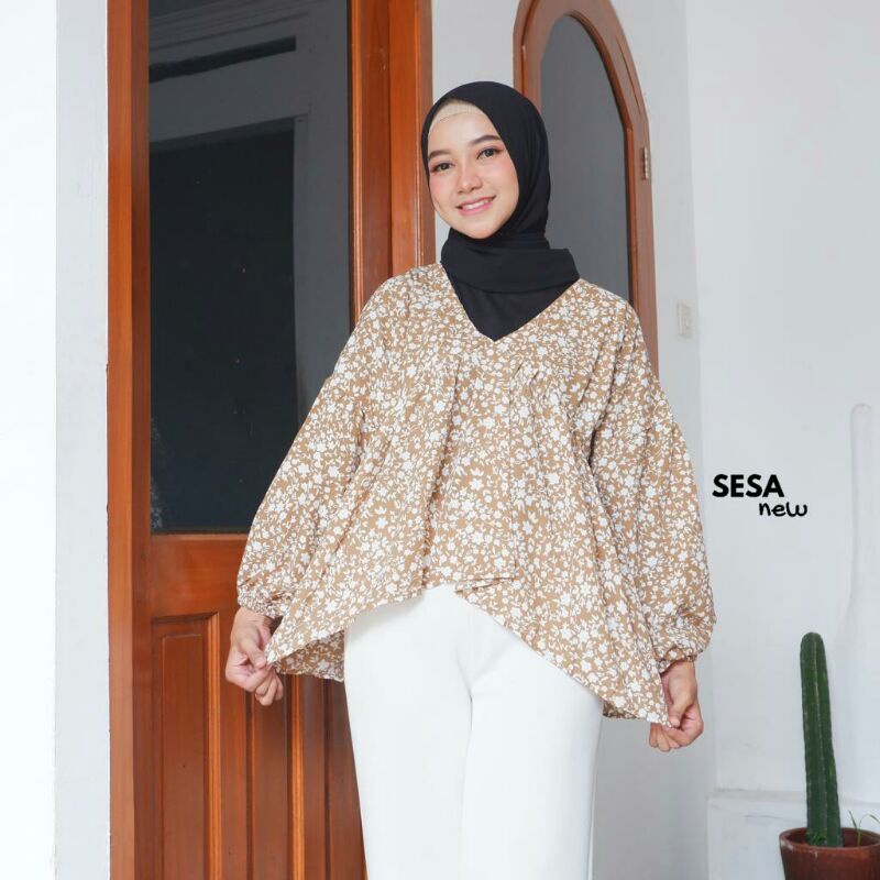 BLOUSE TARTAN LENGAN BALON MIZU KOREAN STYLE | KEMEJA MODEL FLANEL WANITA NUMMA-New Sesa Khaki