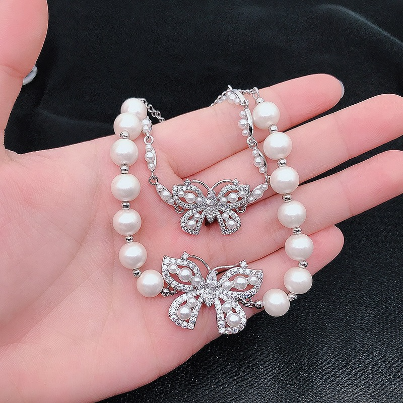 [Ready Stock]Fashion Personality Bow Pearl Bracelet Full Diamond Butterfly Bracelet