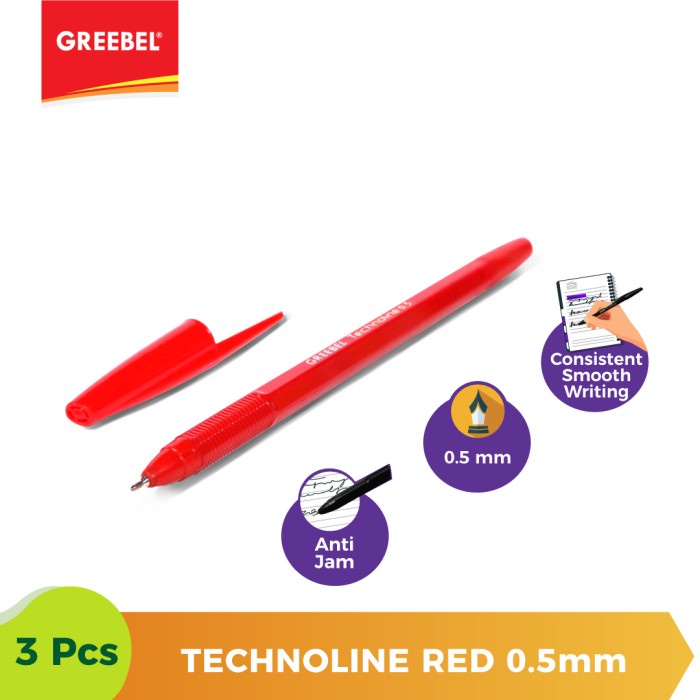 Ballpen Merah Pulpen Greebel Ballpoint Technoline0.5 Red - 3pcs.