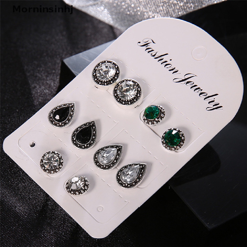 Mornin 5pasang /Set Boho Water Drop Kristal Berlian Imitasi Stud Anting Wanita Pesta Perhiasan id