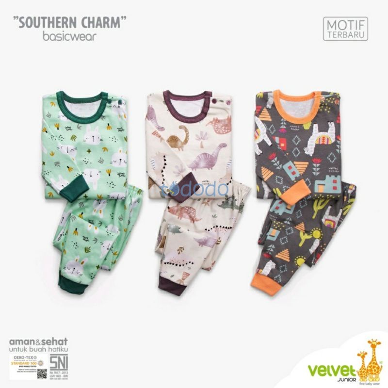 Baju Bayi Piyama Anak Setelan Panjang Kancing Pundak Velvet Junior Southern Charm Dream Wear Big Size