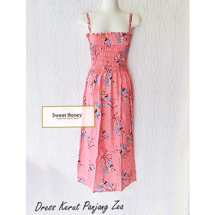 Sweet Honey ~ Dress Kerut Panjang Semok Bali Zea Tali Satu BH Motif Bunga dan Etnik Random