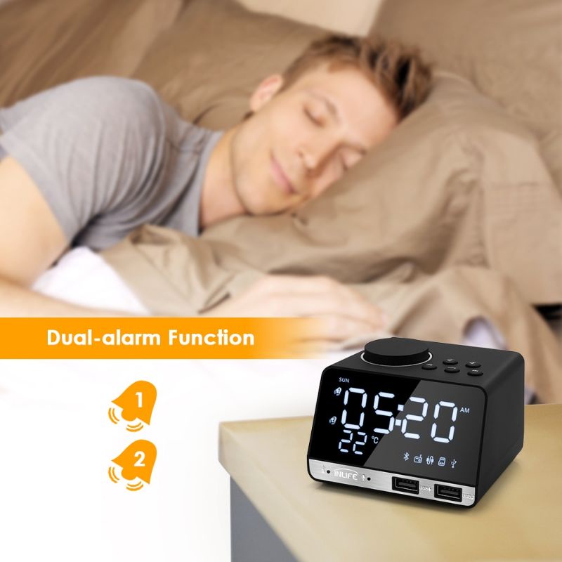 Jam Meja Bluetooth Speaker Alarm Clock FM Radio Dual USB Charge TF Card - Black