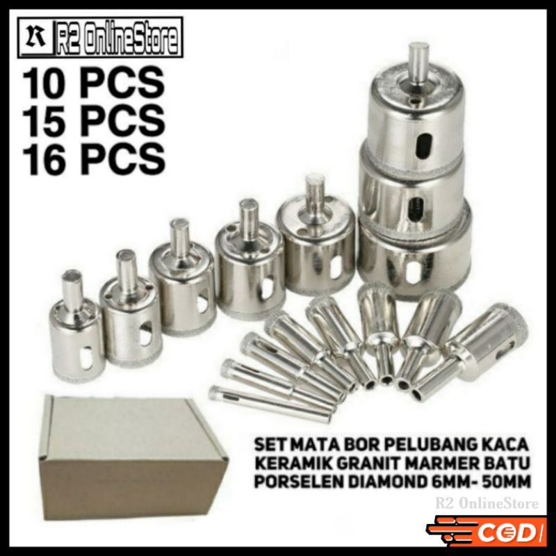 Mata bor Keramik Kaca  Marmer Bulat 1 Set isi 16 / 15 / 10  Pcs Lubang Diamond Granit Besi Baja 8mm 