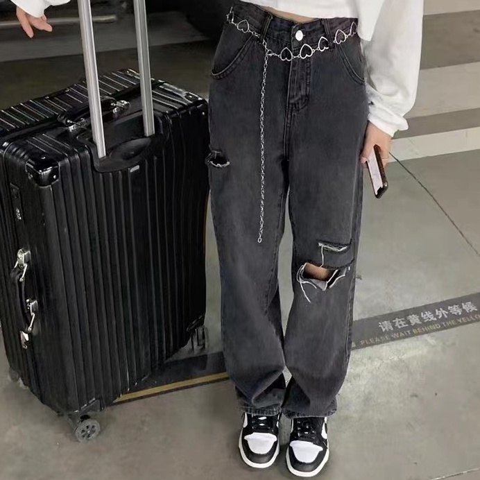 New Abu-abu Korean Straight Celana Jeans High Waist Wanita Sobek