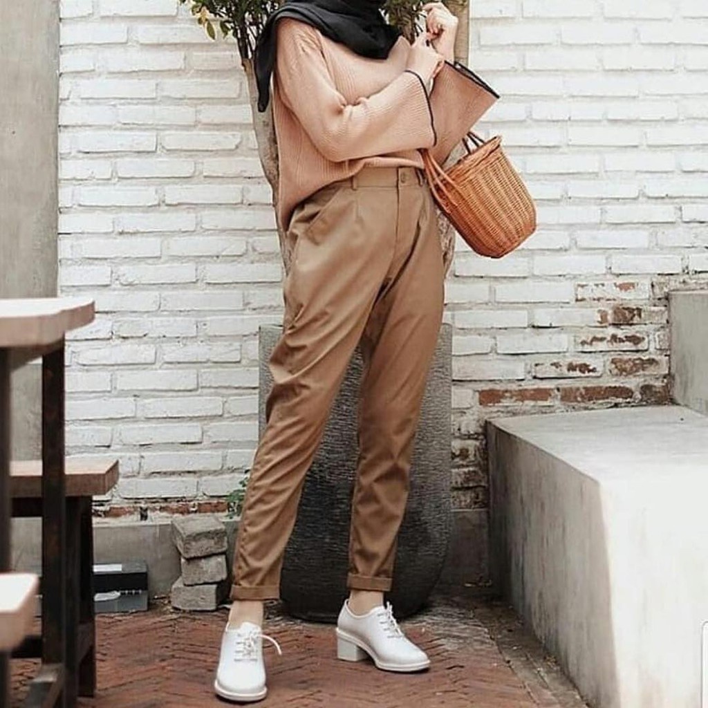 BAGGY PANTS AMERICAN DRILL (celana beggy panjang bagy wanita)-CREAM/COKSU MUDA
