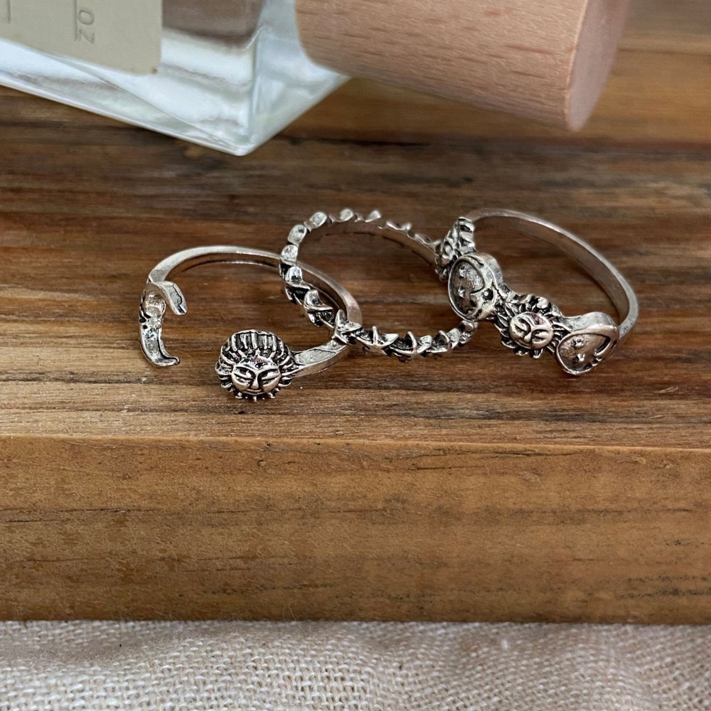 3Pcs / Set Vintage Unisex Geometric Punk Silver Color Rings For Women ewelry Accessories Trendy J Moon Suns Stars