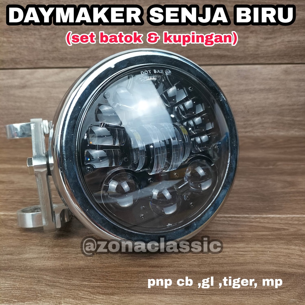 Lampu Daymaker 5.75 inch 16 led senja biru set batok CROM PLUS Kupingan CNC PNP CB GL VIXION TIGER B