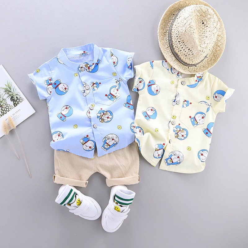 DinoDino SETELAN KEMEJA IMPORT ANAK LAKI-LAKI KARAKTER KARTUN DORAEMON SIT SET PESTA BAJU KERAH SHAN