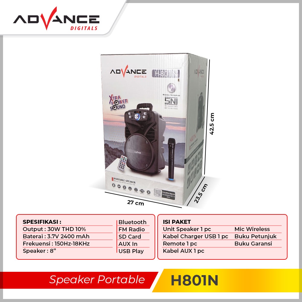 【FREE MIC】ADVANCE 8 inchs Wireless Bluebooth Speaker Portable 2400mah FM Radio Xtra Power Sound H801N Mic Speaker Meeting Rumah dan Luar Ruangan Garansi Resmi 1 tahun