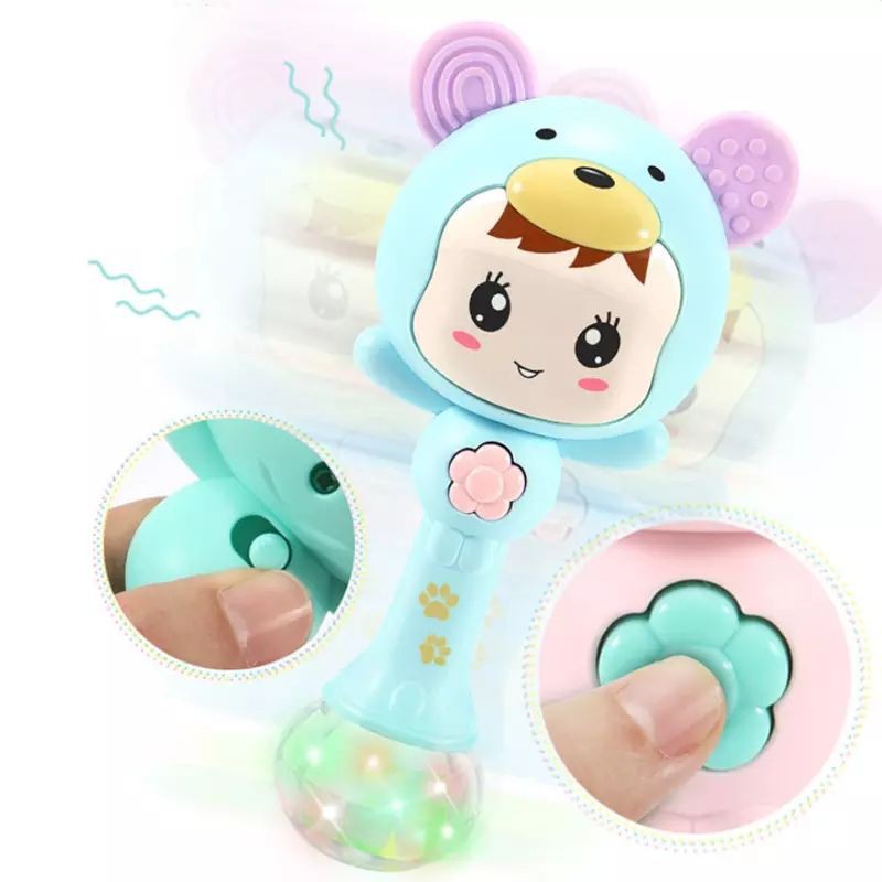 Mainan Tongkat Rattle Teether+Musik+Lampu Kelap-kelip Bentuk Kartun untuk Bayi