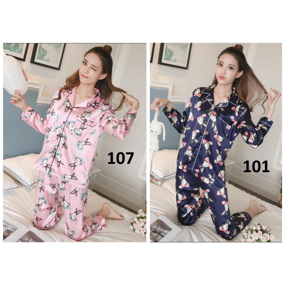 Piyama Wanita Baju Tidur Wanita Kancing Depan Satin Rabbit Tie