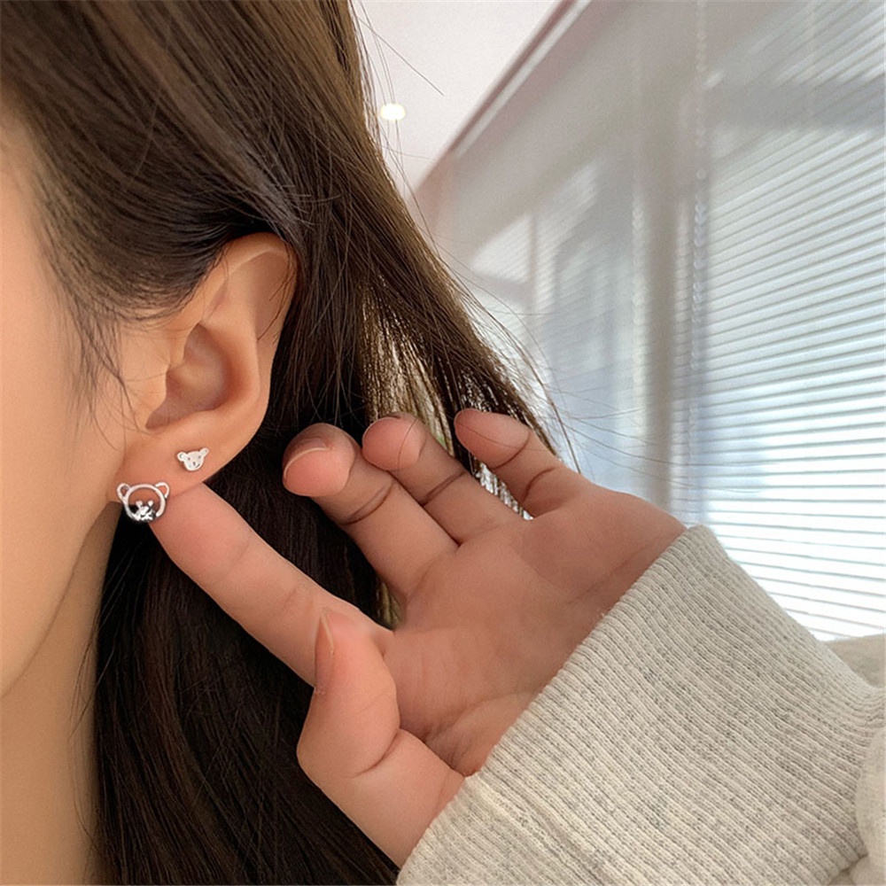 1pasang Korea Lucu Fashion Beruang Beruang Perak Stud Earrings untuk Wanita