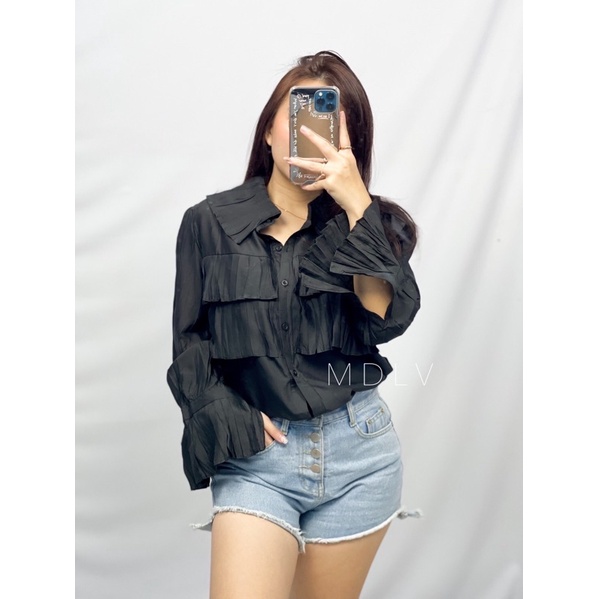 MDLV ~ 2080# marverica pleated shirt Blouse Korea Blouse Premium Blouse Import Atasan Lengan Panjang Kemeja Korean style Fashion import