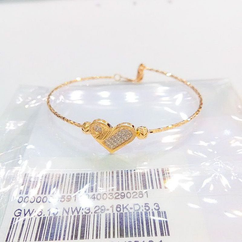 Gelang bangle kawat emas asli kadar 700 70 16k kilat love heart hati permata bling ringan 3gr terbar