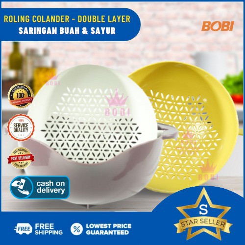 Mangkuk Peras atau Saringan Putar Pengering &amp; Pencuci Makanan Double Layer - Rolling Colander Double Layer