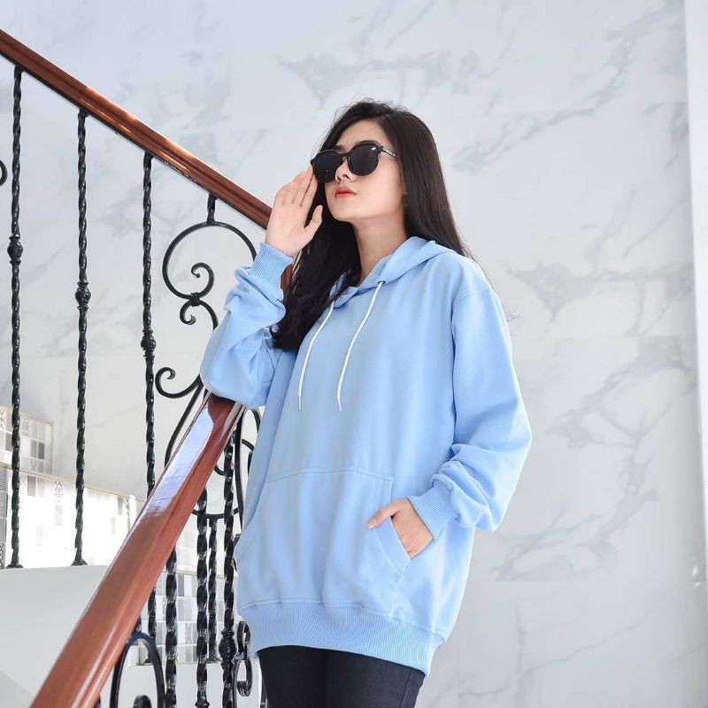 Jaket Sweater Hoodie Wanita Oversize Outerwear Pakaian Sweatshirt Korean Style Hudie Cewek NATURAL-Biru muda