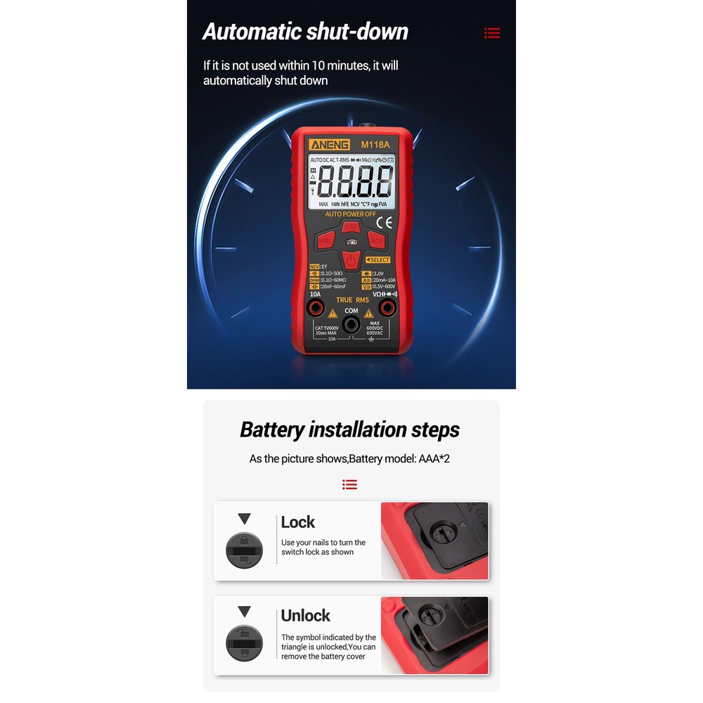 Solighter Multimeter Digital Mini ANENG M118A Auto M Multimetro Tranistor Dengan NCV Presisi Tinggi