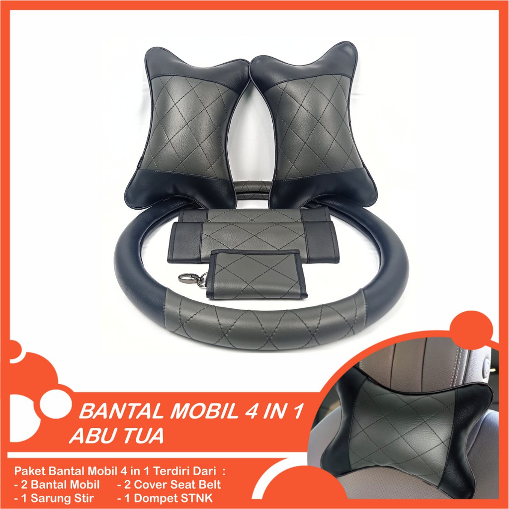 Set Bantal Mobil 4 in 1 Premium Bantal Mobil Sarung Stir Cover Seatbelt Dompet STNK