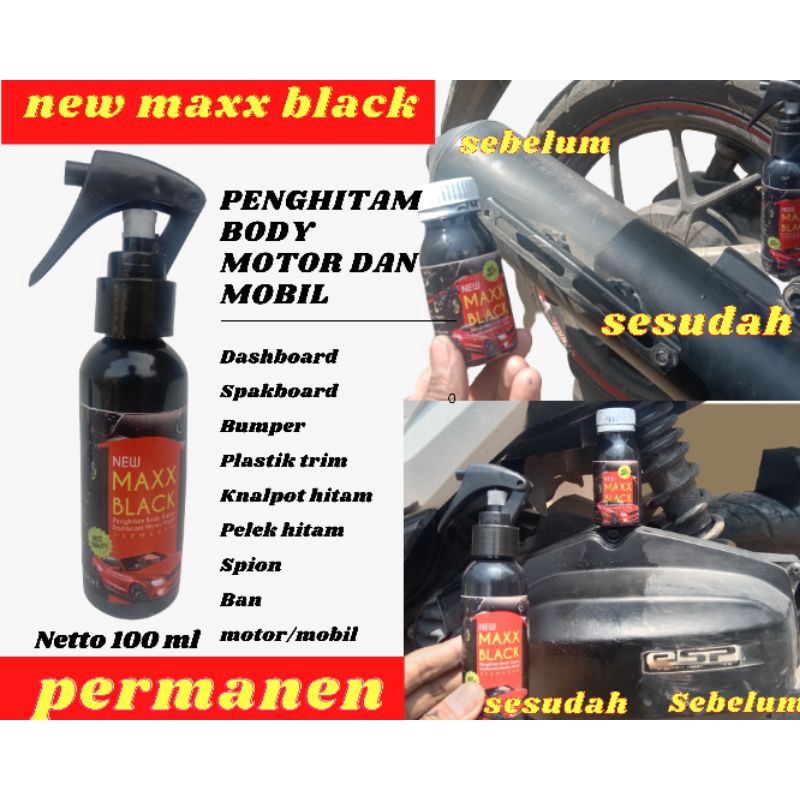 penghitam dashboard motor dan mobil permanen isi 100 ml,penghitam original,knalpot,spakboard,bumper