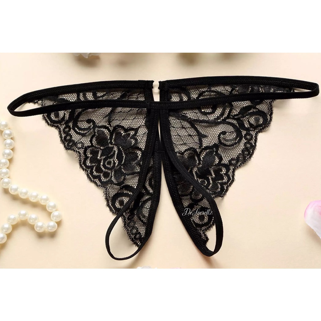 DeSecrettz LILY Lingerie Sexy Model Bra Set Transparan Dengan Open Crotch G String, Soft Lace Bikini
