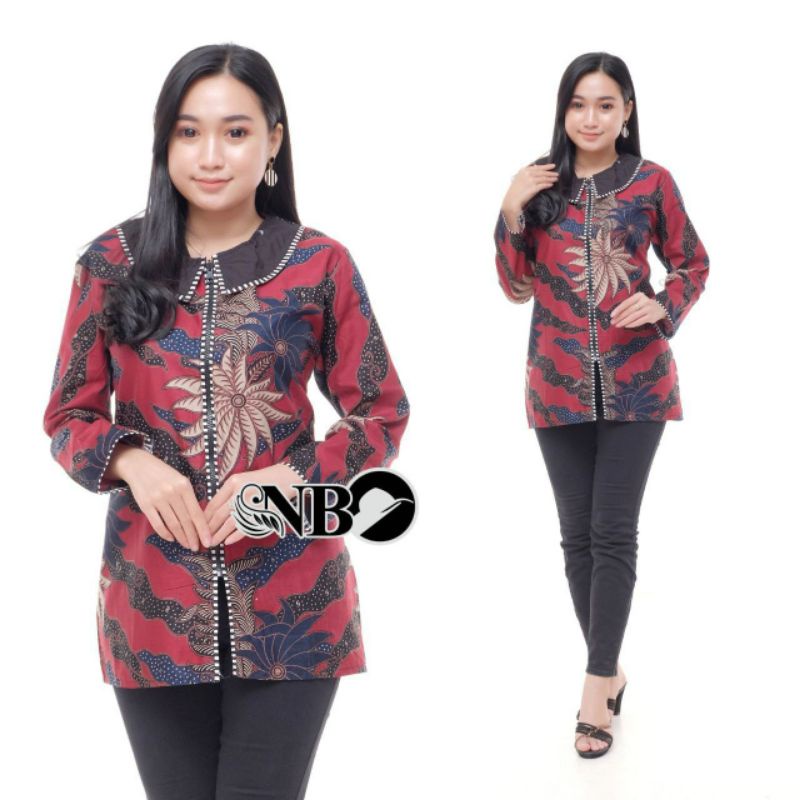 M-L-XL-XXL ATASAN BATIK WANITA MODERN ASJ SA HRB026 MONALISA GENES BLOUSE-BZK MM Merah