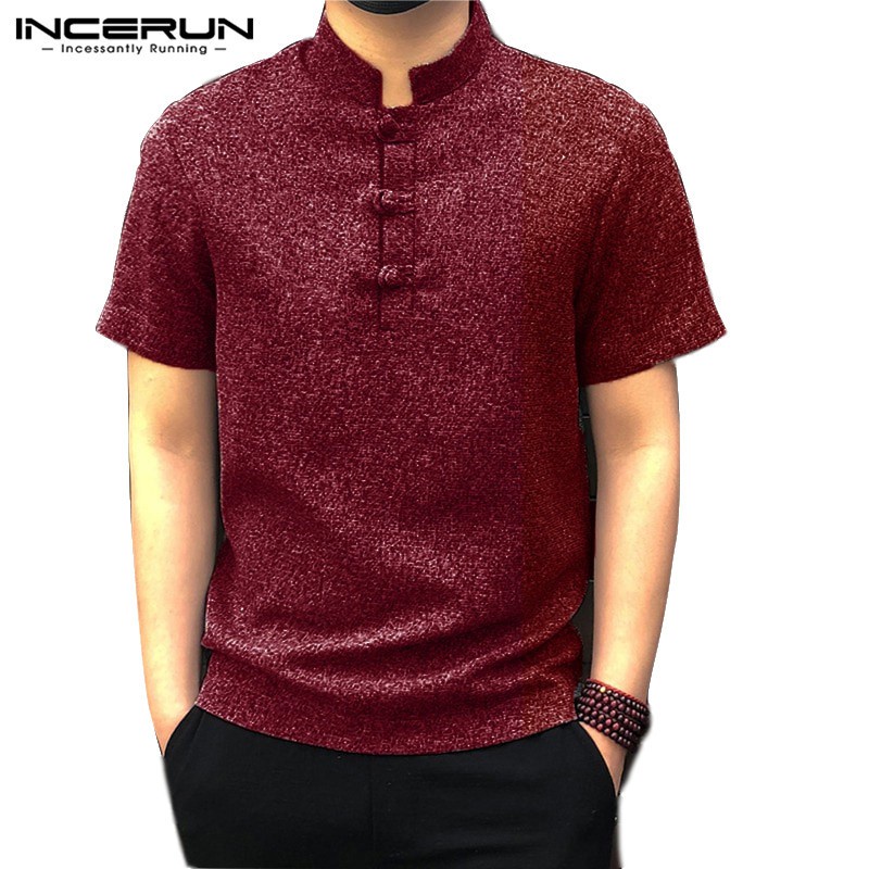 INCERUN Men Retro Summer Short Sleeve Loose Fit Chinese Traditional Shirt