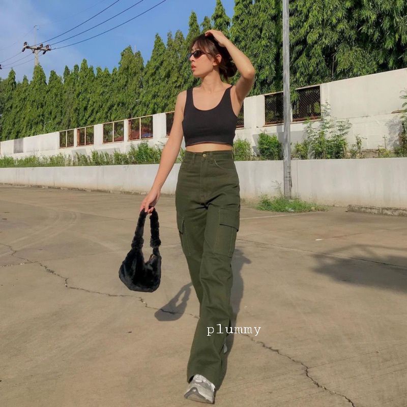 Celana Cargo Jeans HW Khaki Wanita Jins Kimpul Highwaist Loose Cream Latte Choco Saku Samping