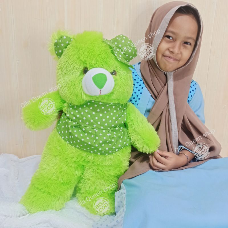 Boneka Teddy bear topi baju polkadot TANGGUNG 60cm