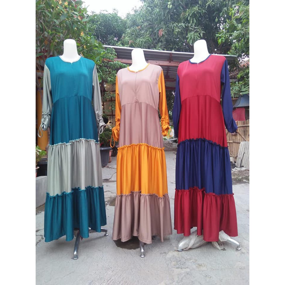 gamis rempel kombinasi / gamis jersey / gamis rempel susun / gamis pelangi