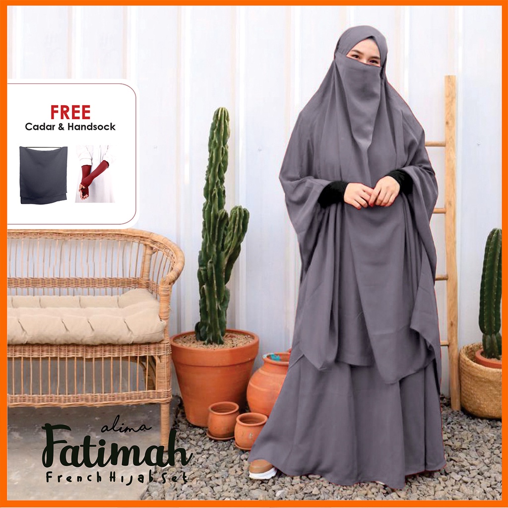 Gamis Set Syari Wolfis Premium Cadar &amp; Manset Menyatu Fatimah Super Adem Original FREE CADAR