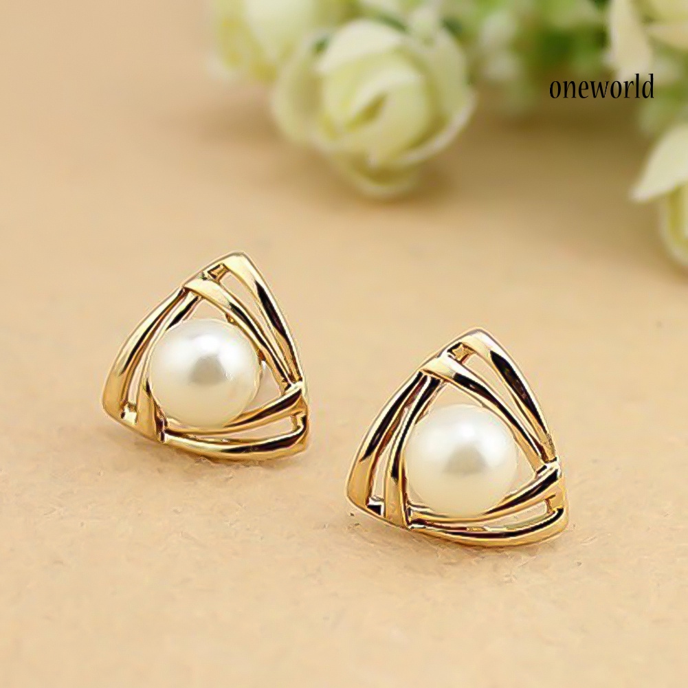 OW# Women Faux Pearl Inlaid Double Triangle Crossover Ear Stud Earrings Jewelry Gift