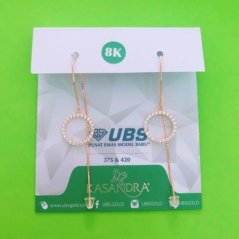 Anting panjang bulat love lubang mata kuning dan putih UBS kadar 375 8K