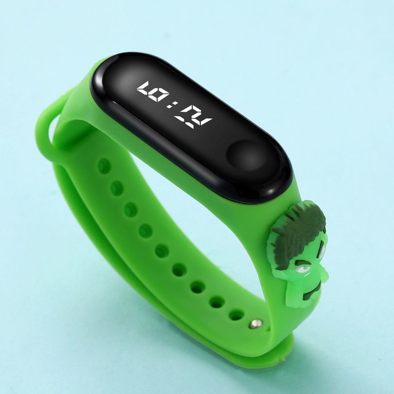 Dennos LD8  kartun Jam Tangan Gelang Couple Anak IP67 IPx4 SUPER HERO MARVEL Led Motif Mickey Pikachu Silikon Tahan Air-HIJAU HULK