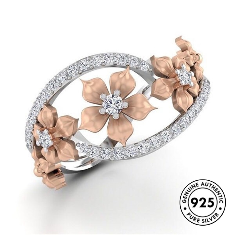 Cincin Lapis Silver S925 18k Rose Gold Desain Bunga Untuk Wanita