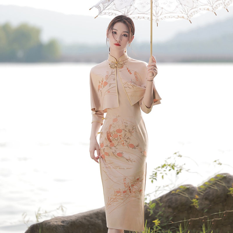 Cheongsam 2021 autumn winter new high-grade elegant shawl improved retro Republic of China suede two