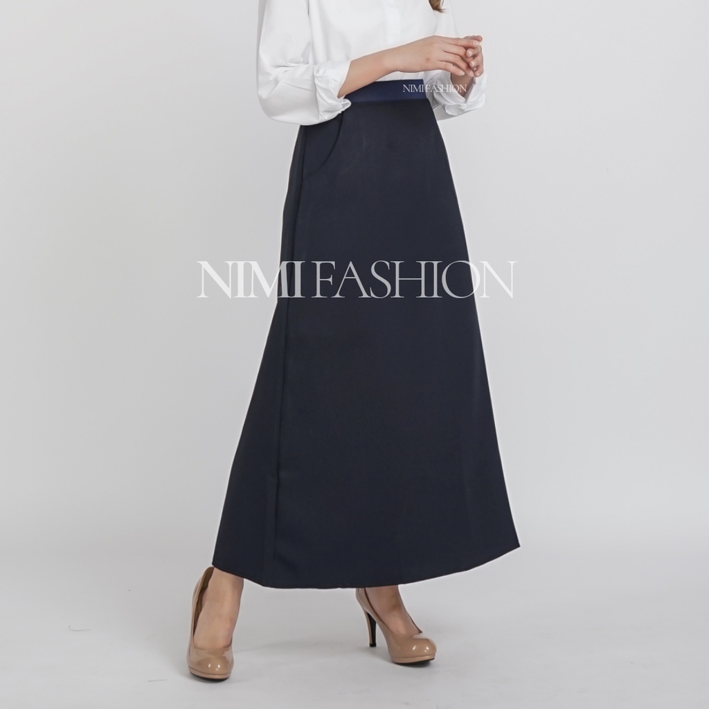 Rok Kerja Wanita Panjang Pinggang Karet Model A-line Formal Muslimah-3