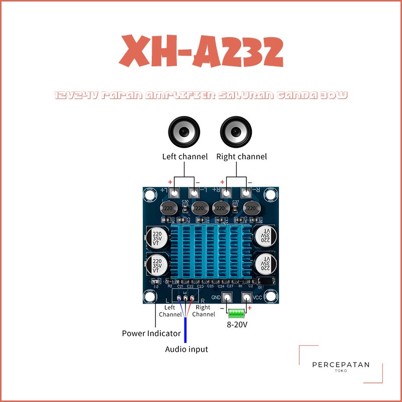 【XH-A232】 HD digital audio amplifier papan mp3 amplifier modul 12V24V papan amplifier dua saluran 30W