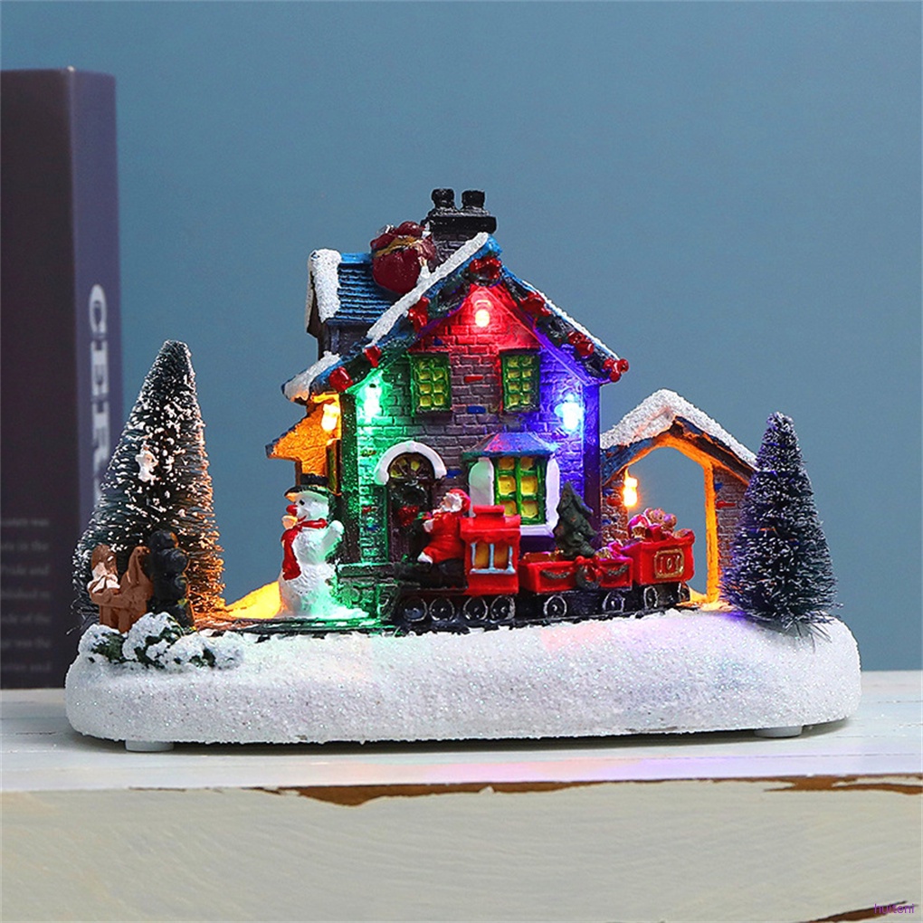 Ornamen Rumah Desa Salju Bahan Resin Dengan Lampu Led Luminous Untuk Dekorasi Pohon Natal