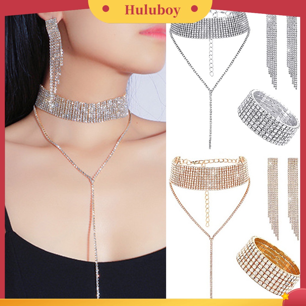 Hu Hu Hu Hu Hu Alat Bantu Pasang Kacamata♡ 1 Set Perhiasan Kalung Anting Gelang Rumbai Berlian Imitasi Adjustable Untuk Pernikahan