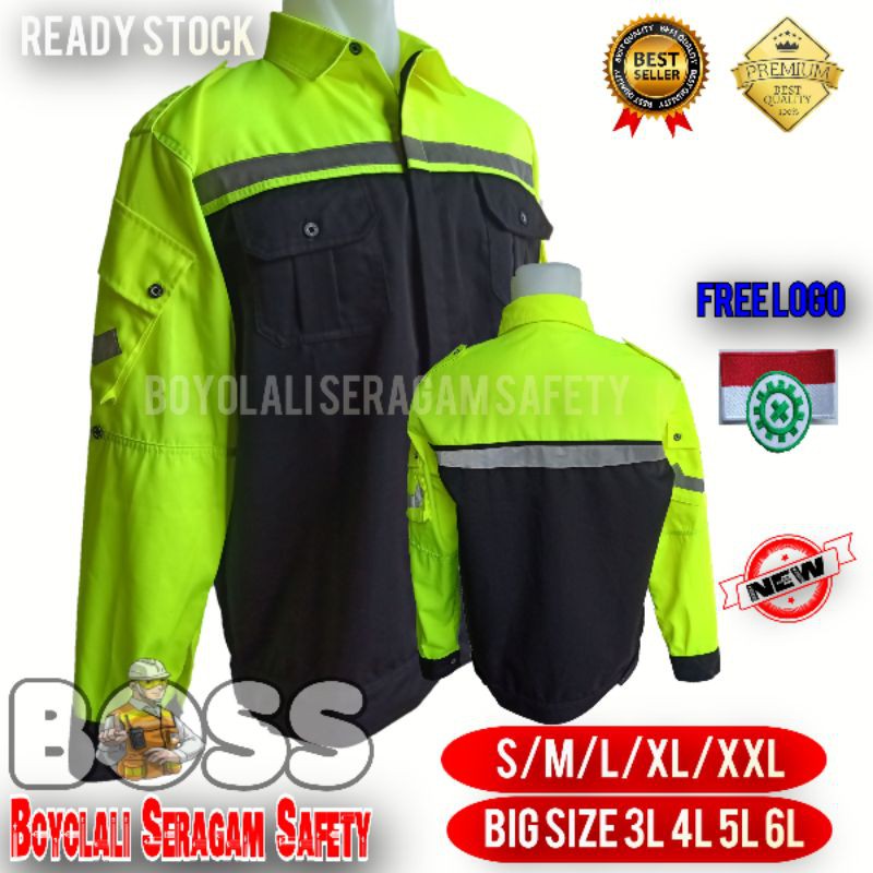 BAJU SAFETY KOMBINASI HIJAU STABILLO HITAM-SERAGAM ATASAN-WEARPACK SAFETY FREE LOGO