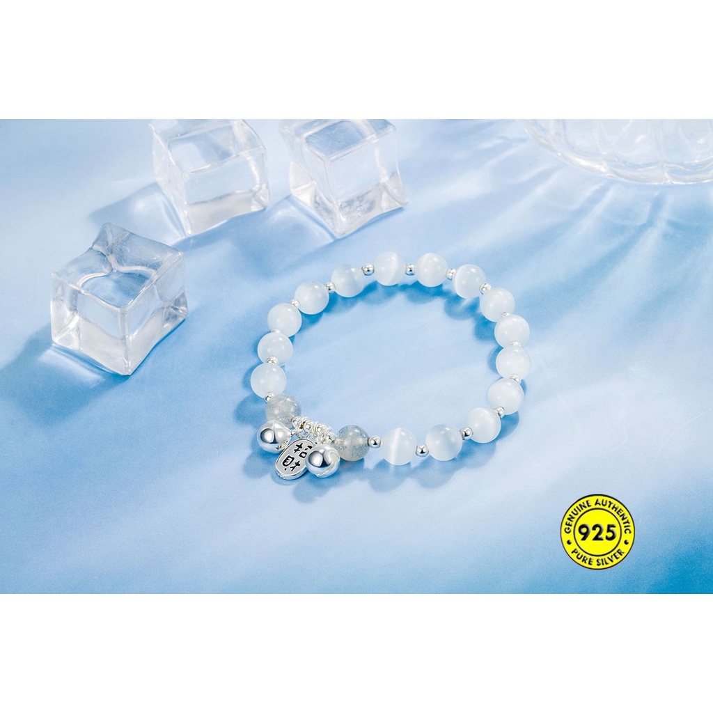 Gelang Tali Elastis Dapat Disesuaikan Bahan S925 Silver Aksen Manik-Manik Keberuntungan Untuk Wanita