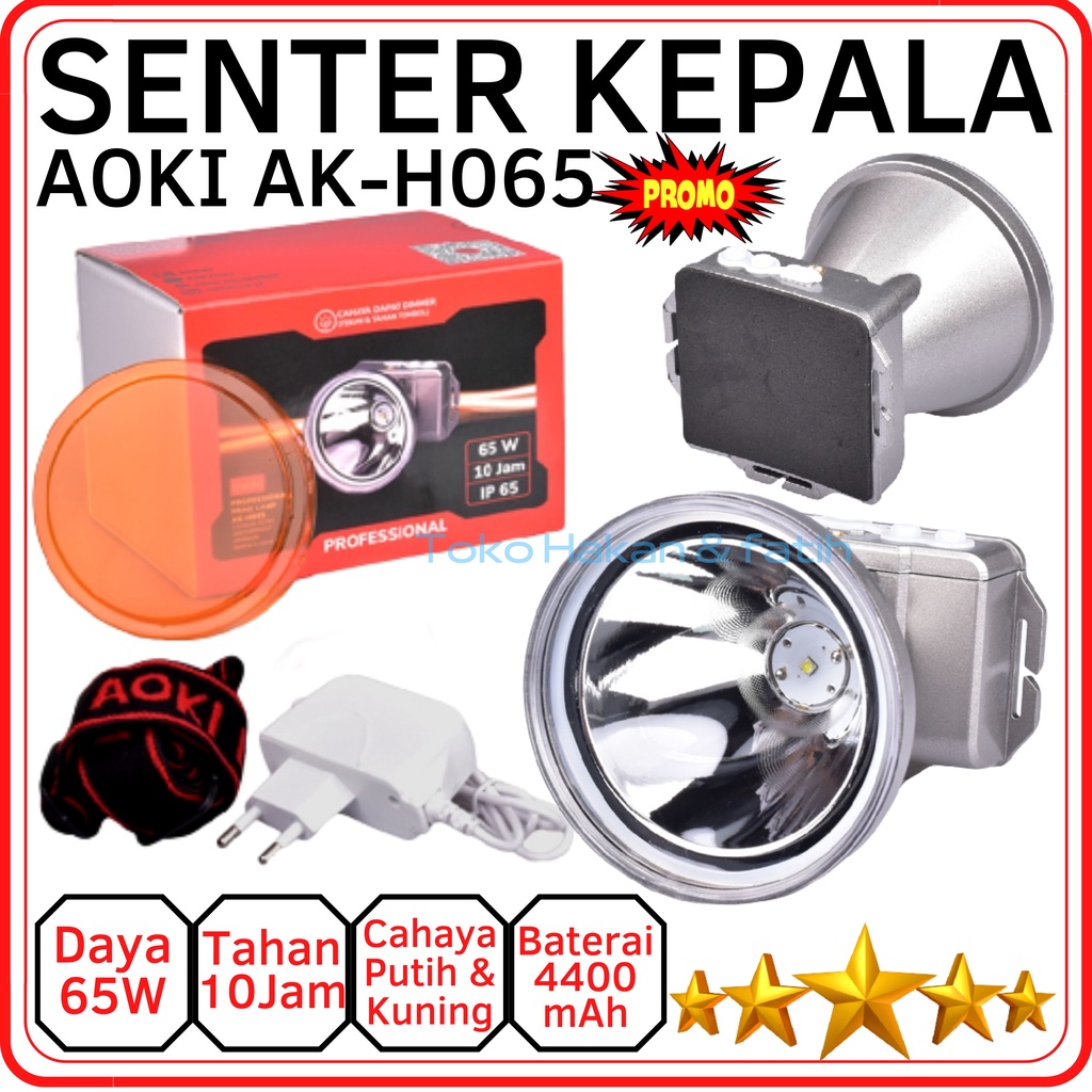 Senter Kepala Anti Air Jarak Jauh 1000 Meter AOKI AK-H065 65Watt Tahan 10 Jam Sorot Led Super Terang