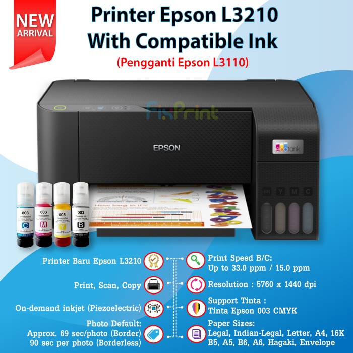 Printer Epson L3210 Black L3216 White Print Scan Copy All-in-One Pengganti L3110 Ink Tinta 003