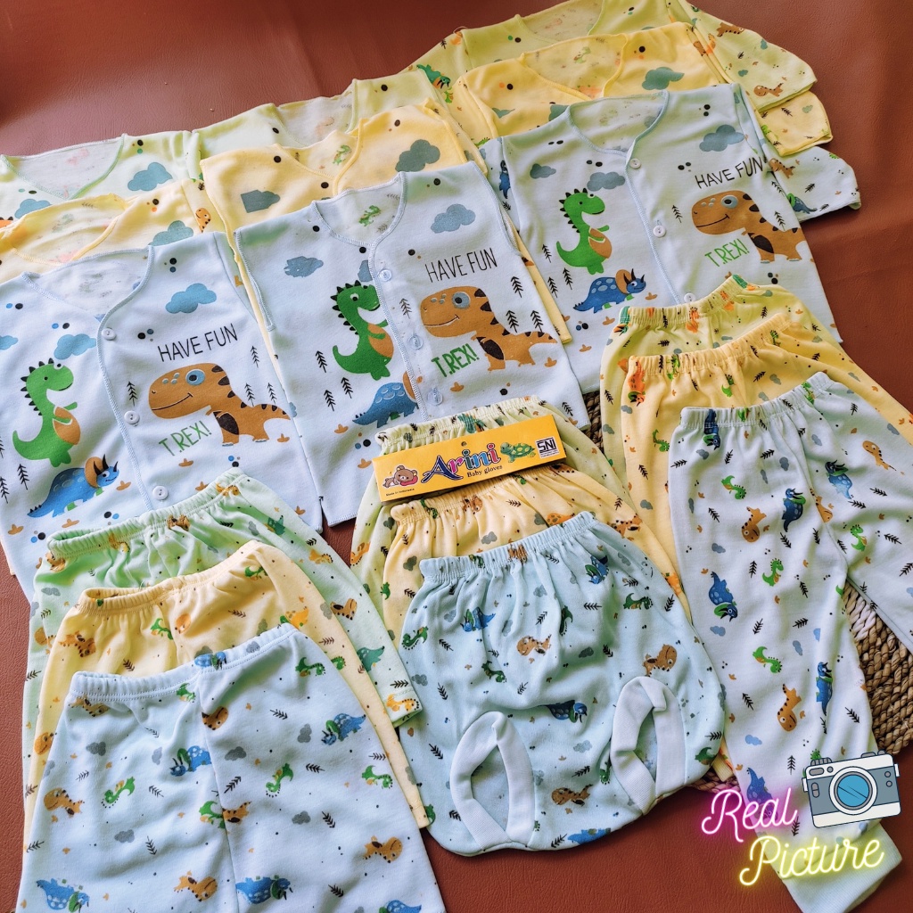 Paket Lengkap Hemat Kelahiran Baju Celana Bayi Baru Lahir Motip DINOSAURUS SNI 18 PCS