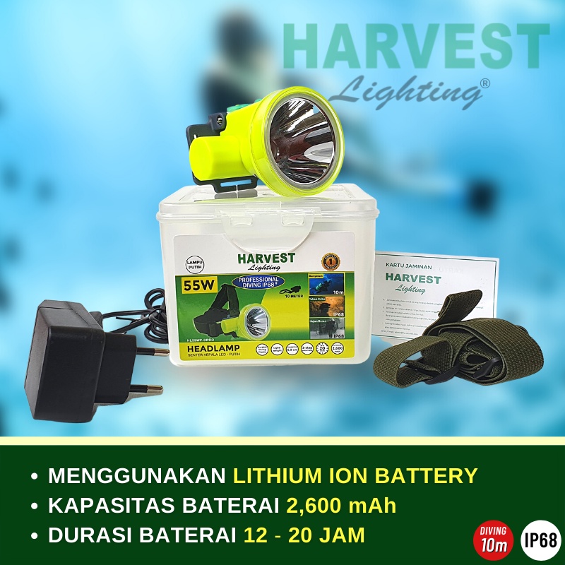 55W - PAKET ISI 3 - Headlamp HARVEST LIGHTING Senter Kepala LED Professional DIVING IP68 2600 MAH Lampu Emergency Selam Spearfishing Travel Hunting Rechargeable  Original  Bergaransi