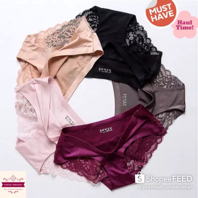 Ladies Satin Ice Silk Briefs Underwear Women Seamless Lace Panties / Celana Dalam Wanita