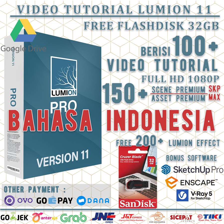 LUMION 11 BONUS 100 VIDEO TUTORIAL BHS. INDONESIA ASSET SCENE EFECT FLASHDISK 32 GB