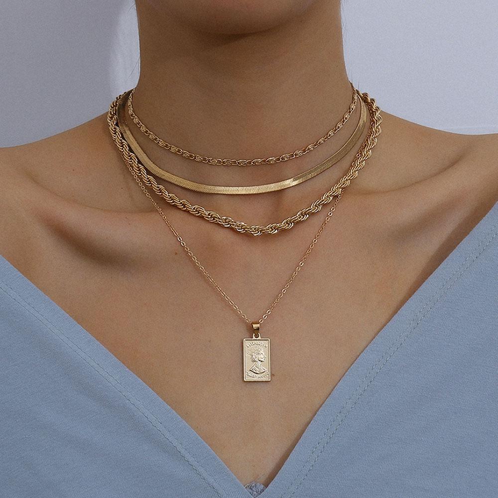 Needway   Kalung Liontin Unik Untuk Wanita Statement Multi Layer Koin Ukir Memutar Aksesoris Fashion